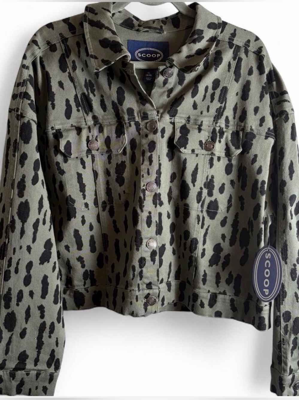 Scoop NWT Leopard Print Denim Jacket XL 16/18 Olive Black Y2K